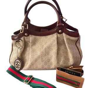 Gucci Beige and Brown Shoulder Bag with Red and Green Strap